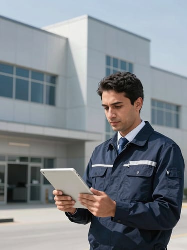 A professional field auditor holding a digital tablet in front of a modern commercial distribution facility in Saudi Arabia, bright daylight, sharp focus.