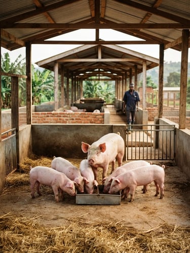 Wide shot of a clean, modern piggery structure in Gayaza, Uganda, with healthy pigs in well-lit, structured pens, natural equatorial daylight, shallow depth of field, 35mm.