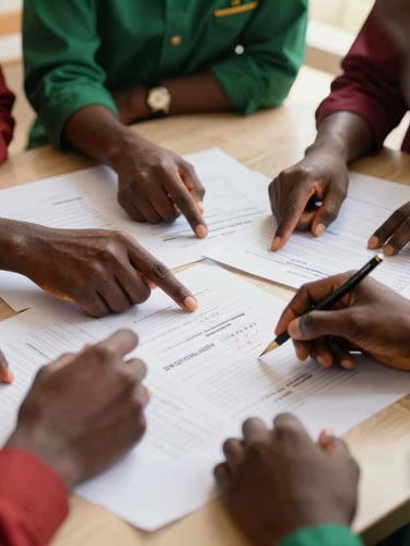 Ugandan agency team members mapping out digital marketing strategies on parchment paper, hands pointing to notes, warm equatorial daylight, shallow depth of field, 35mm