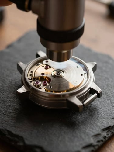 Macro close-up of a vintage watch movement under a professional inspection loupe on a dark slate worktop, warm natural side-lighting casting rich metallic textures and deep shadows, 50mm lens.