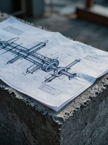A close-up macro shot of industrial blueprints laid out on a weathered concrete block at an active project site, dramatic side-lighting, cool overcast tones.