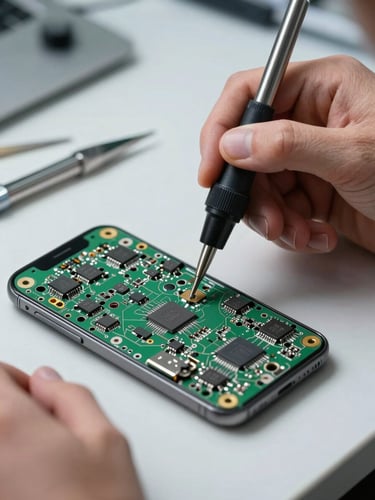 Close-up of a technician's hands using a precision probe on a smartphone motherboard under bright diffused studio light, solder joints and IC chips visible in sharp focus, tools laid flat on a clean workbench surface