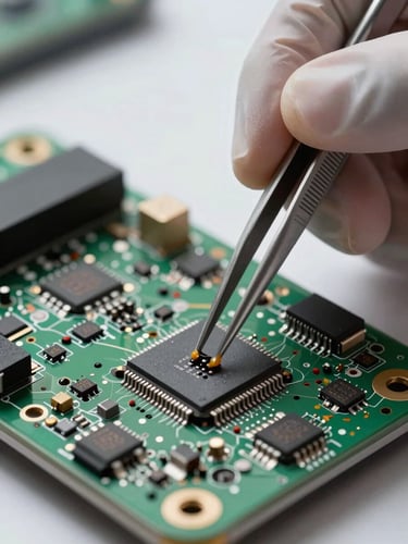 Extreme close-up of a technician's gloved hands using fine-tip tweezers to place a surface-mount IC chip on a smartphone motherboard under bright diffused light, solder paste visible on pads