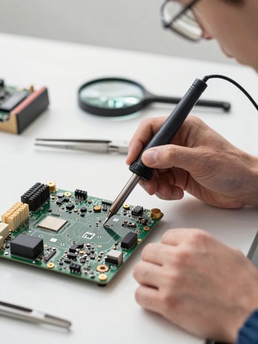 Close-up medium shot of a technician's hands using a fine soldering iron on a laptop motherboard component, bright diffused studio light, organized tool station visible in soft background, tweezers and magnification loupe in frame
