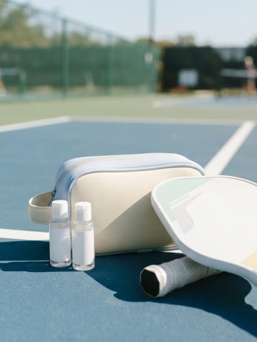 Dynamic shot of MERCED Skinplus Pickleball Essentials Kit, bottles clearly visible, placed next to a pickleball paddle on a sun-drenched outdoor court, bright natural sunlight, clean sporty pastel tones, sharp focus, wide angle.