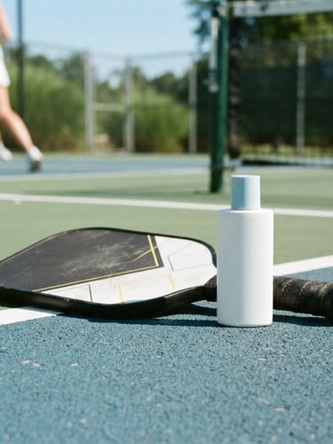 A close-up of a pickleball paddle resting on a court surface next to a clean MERCED Skinplus product bottle, bright natural sunlight, crisp shadows, 35mm lens.