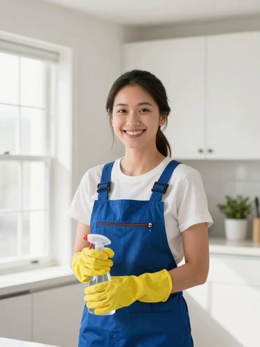 Bright high-key photography of a smiling professional female cleaner in a clean, airy Cincinnati home kitchen, natural daylight streaming through windows, 35mm