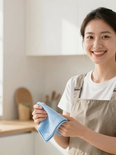A smiling professional female cleaner in a bright, high-key sunlit residential kitchen, holding a fresh microfiber cloth, warm friendly tones, 35mm photography