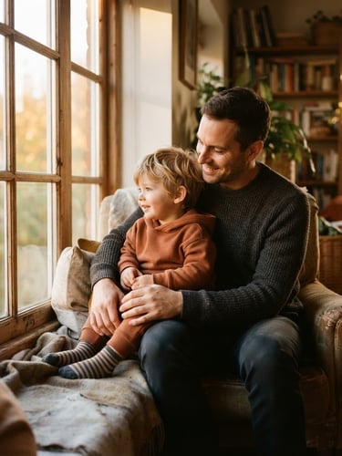 A warm environmental shot of a father and child sitting by a sunlit window, soft golden-hour light filtering in, shallow depth of field, authentic moment.