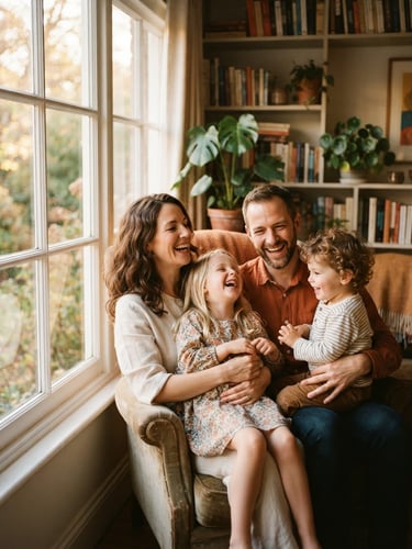 Warm editorial portrait of a young family laughing together near a window, soft golden-hour light, rich natural tones, authentic and unposed, shallow depth of field.