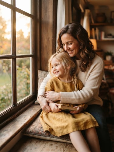 A warm portrait of a mother and daughter sitting by a sunlit window, soft golden hour light, authentic emotional connection, shallow depth of field