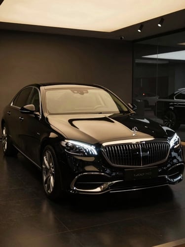 Wide shot of a sleek black luxury sedan parked in a dramatic showroom interior, low amber lighting raking across the hood from above, deep shadows framing the car against a near-black polished floor, shot from a low three-quarter angle