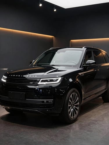 Wide shot of a black premium SUV parked at a dramatic angle inside a sleek dark showroom, studio strobes reflecting sharply off the hood and side panels, deep shadow in the background, amber accent lighting tracing the roofline