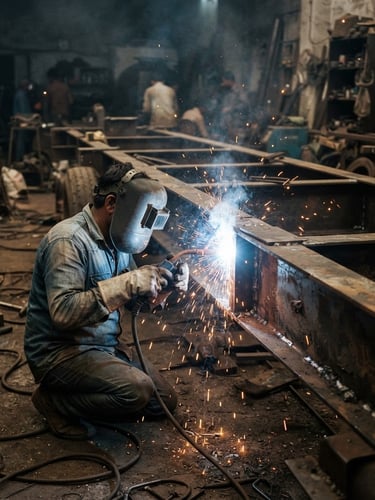 Low-angle gritty shot of a heavy-duty tractor trailer frame being welded in a dusty Jaunpur workshop, bright yellow sparks flying, dramatic arc light, 35mm lens