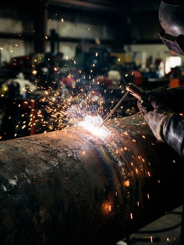 Close-up of sparks flying from a heavy-duty welding arc on a thick steel pipeline, dark workshop background, high contrast safety yellow light, 35mm lens.