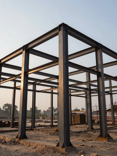 Low-angle shot of a heavy-duty steel structure under construction in a dusty industrial yard in Uttar Pradesh, golden hour sunlight highlighting steel joints, 35mm lens
