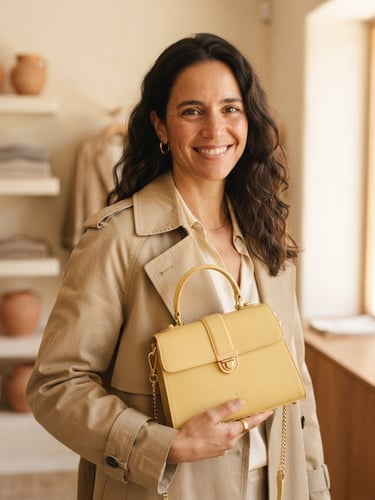 Close-up of a woman in a neutral trench coat holding a butter-yellow handbag, soft warm afternoon sunlight, minimalist Spanish boutique background
