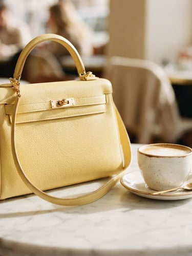 Editorial close-up of a butter-yellow east-west handbag resting on a white marble cafe table next to a small ceramic coffee cup, soft warm afternoon sunlight, gentle shadows, 35mm