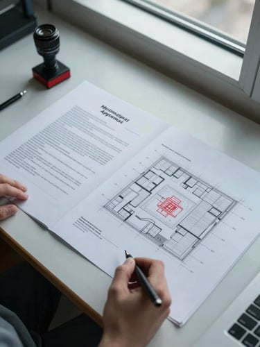 Overhead flat-lay on a drafting table: stamped municipal approval permits arranged beside an open site plan, a red ink stamp visible on the top document, cool office daylight from a north-facing window, hands just visible at the lower edge holding a technical pen