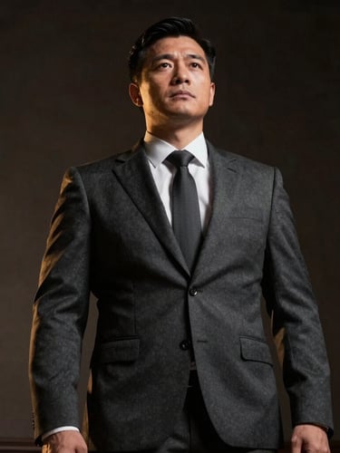 Low-angle dramatic portrait of an elite legal professional in a tailored charcoal suit, low-key lighting with warm gold highlights, professional and authoritative stance, 35mm