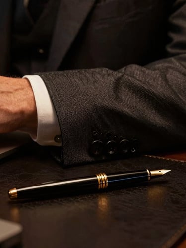 Dramatic close-up of a tailored executive suit sleeve and a fountain pen resting on a dark leather desk, low-key lighting, warm gold accents, sharp focus, editorial style.
