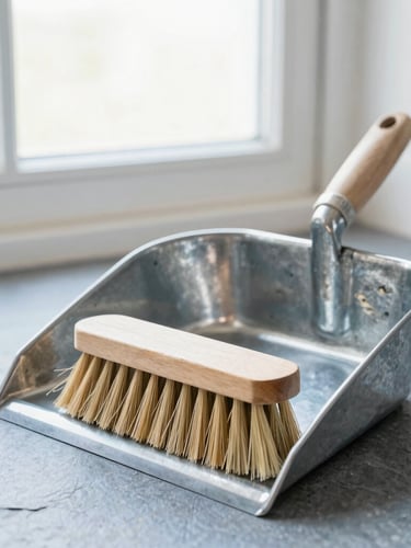 Close-up of a heavy galvanized steel dustpan and unvarnished beechwood brush resting on a slate floor, bright natural window light, sharp focus