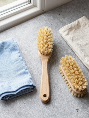 Overhead flat-lay of natural fiber cleaning brushes and linen cloths arranged on a gray stone surface, bright natural window light, clean sharp focus, 35mm