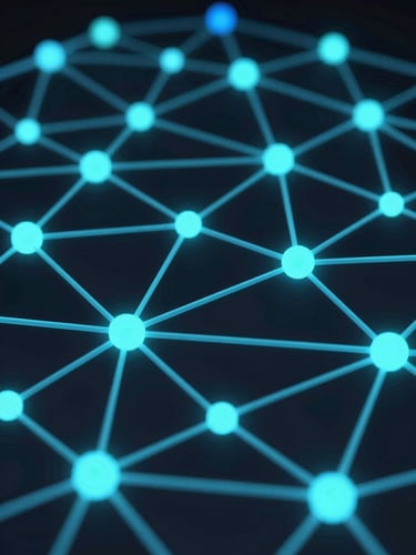 Sleek 3D render of abstract digital networking nodes, glowing cyan and electric blue accents, dark mode aesthetic, macro close-up