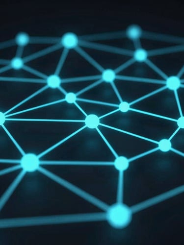 Sleek 3d render of abstract glowing cyan network nodes on a dark background, macro close-up, high-tech command center aesthetic