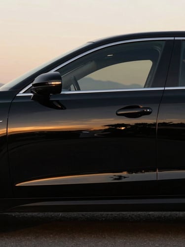 Cinematic side profile of a pristine black executive sedan parked in San Francisco at golden hour, soft gold reflections on polished obsidian paint, 35mm