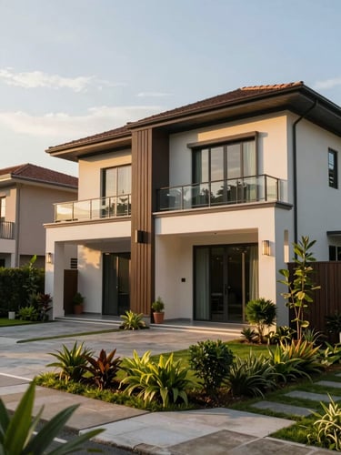 A warm, high-end modern semi-detached home in a lush suburban neighborhood of Kuala Lumpur, captured during the golden hour with soft afternoon sunlight illuminating the elegant architectural lines and green garden.