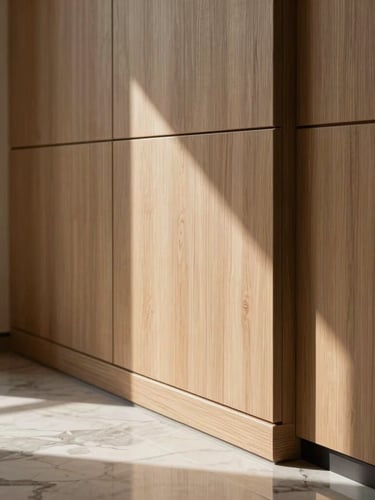 A close-up of premium interior finishes inside a luxury residence, soft diffused afternoon light casting gentle shadows on natural timber paneling and polished marble flooring, showcasing elegant craftsmanship.