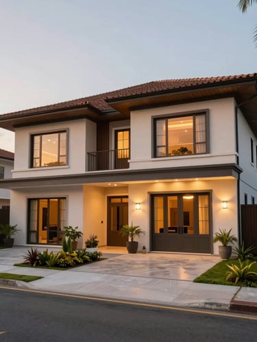 Wide environmental shot of a modern Malaysian semi-detached house with elegant warm lighting during golden hour, emphasizing clean architectural lines and lush greenery.