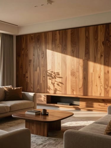 Warm, inviting modern Malaysian living room bathed in soft afternoon light, highlighting premium wood finishes and a comfortable seating area, natural unposed atmosphere.