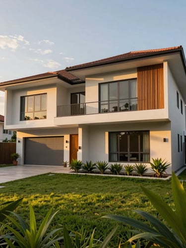 Modern tropical semi-detached house in Malaysia during golden hour, warm lighting, lush green garden foreground, wide architectural framing