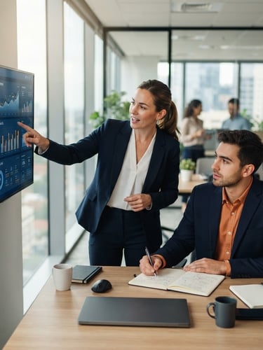 Professional business consultants in a modern, collaborative workspace, one pointing to a screen with data, another taking notes. Bright, natural office light, cool digital glow, deep navy and orange accents, shallow depth of field.