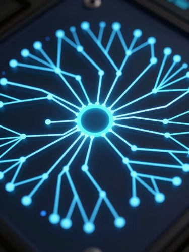 Close-up overhead view of a neural network data flow diagram on a dark screen, electric blue and cyan neon node connections branching outward, high-contrast studio lighting, sharp geometric lines, no people visible