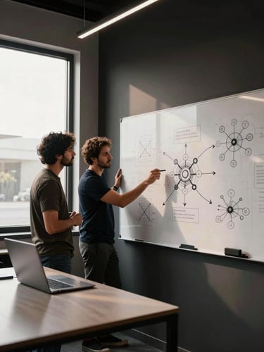 Wide-angle view of a focused strategy session in a modern Baja California workspace — two founders leaning over a whiteboard covered in diagrams, high-contrast studio strobe lighting from the left, deep shadows to the right, neural network sketches visible on the board, warm north-facing window light catching the edge of a laptop screen