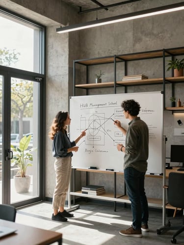 Wide interior shot of a modern collaborative workspace, two focused founders reviewing a strategy diagram on a whiteboard, north-facing natural daylight flooding from the left, architectural concrete walls and dark steel shelving in the background — Hub Management School, Baja California