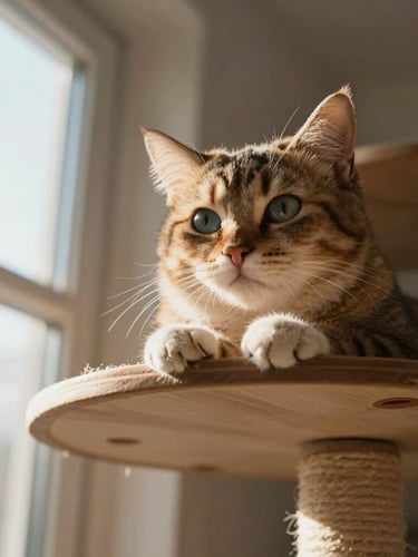 Low-angle close-up of a relaxed cat resting on a high wooden perch, soft afternoon light streaming through a window, warm domestic setting