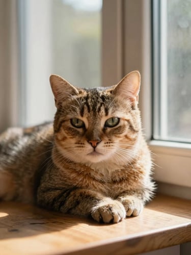 Low-angle, close-up shot of a relaxed domestic cat lounging on a warm wooden windowsill, soft afternoon sunlight streaming through the window, peaceful expression.