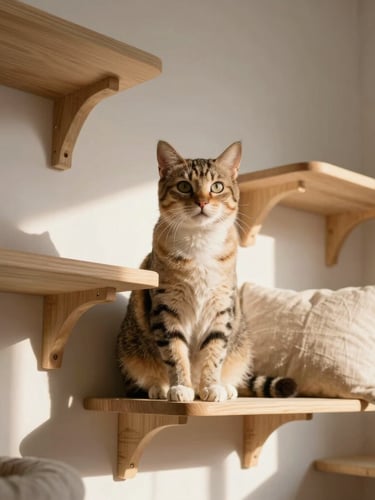 Low angle shot of a light-filled feline boarding suite with custom wooden climbing shelves, a soft linen cushion in a sunbeam, warm afternoon light.