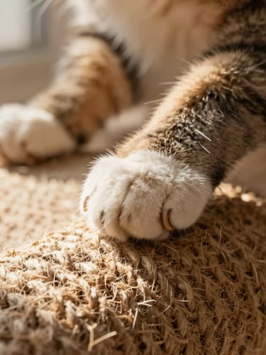 Macro shot of a cat's paw resting on a textured natural sisal scratching post, soft warm focus, gentle afternoon sun.
