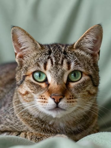 Low-angle close-up portrait of a calm, healthy cat with green eyes looking directly forward, resting on a soft sage green blanket.