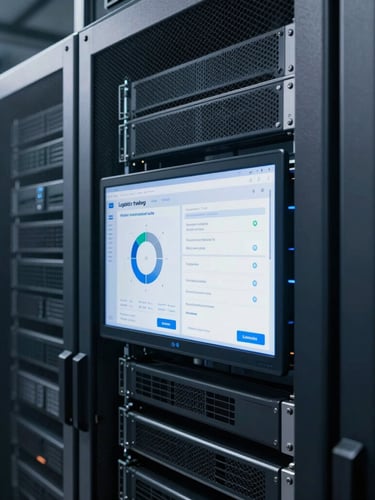 Medium-close shot of a modern server rack alongside a logistics tracking interface, crisp cool-toned lighting, industrial steel environment, high-contrast corporate editorial.