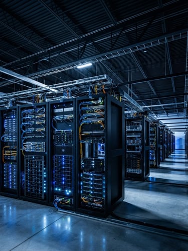 A modern high-contrast warehouse interior with server racks in the foreground, illuminated by cool blue and steel lighting, sharp architectural lines