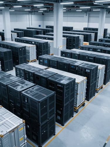 Wide environmental shot of a high-tech logistics hub in Kuala Lumpur, server racks standing adjacent to active cargo loading bays, cool blue and steel lighting, high-contrast editorial corporate photography.