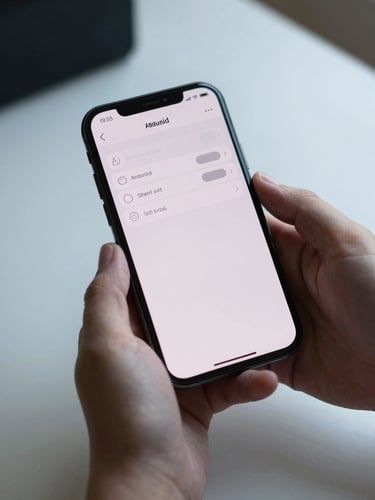 Android phone held in both hands, a clean multi-step form interface on screen with clear progress indicator, cool daylight from above, minimal light desk surface below, close-medium crop focused on the screen