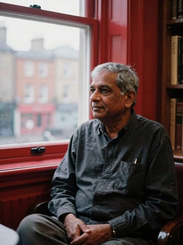 A thoughtful middle-aged Nepali writer sitting in a cozy Dublin library, natural overcast light coming through a window, 35mm editorial photography style, high-contrast red and charcoal tones.