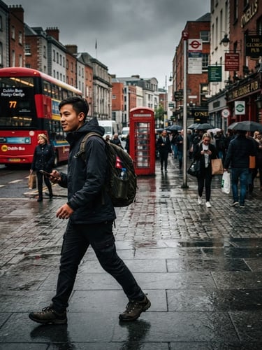 Editorial news photography of Dublin city street with overcast Irish daylight, a Nepali student walking in the foreground with a backpack, documentary style, 35mm lens, high-contrast red and charcoal tones